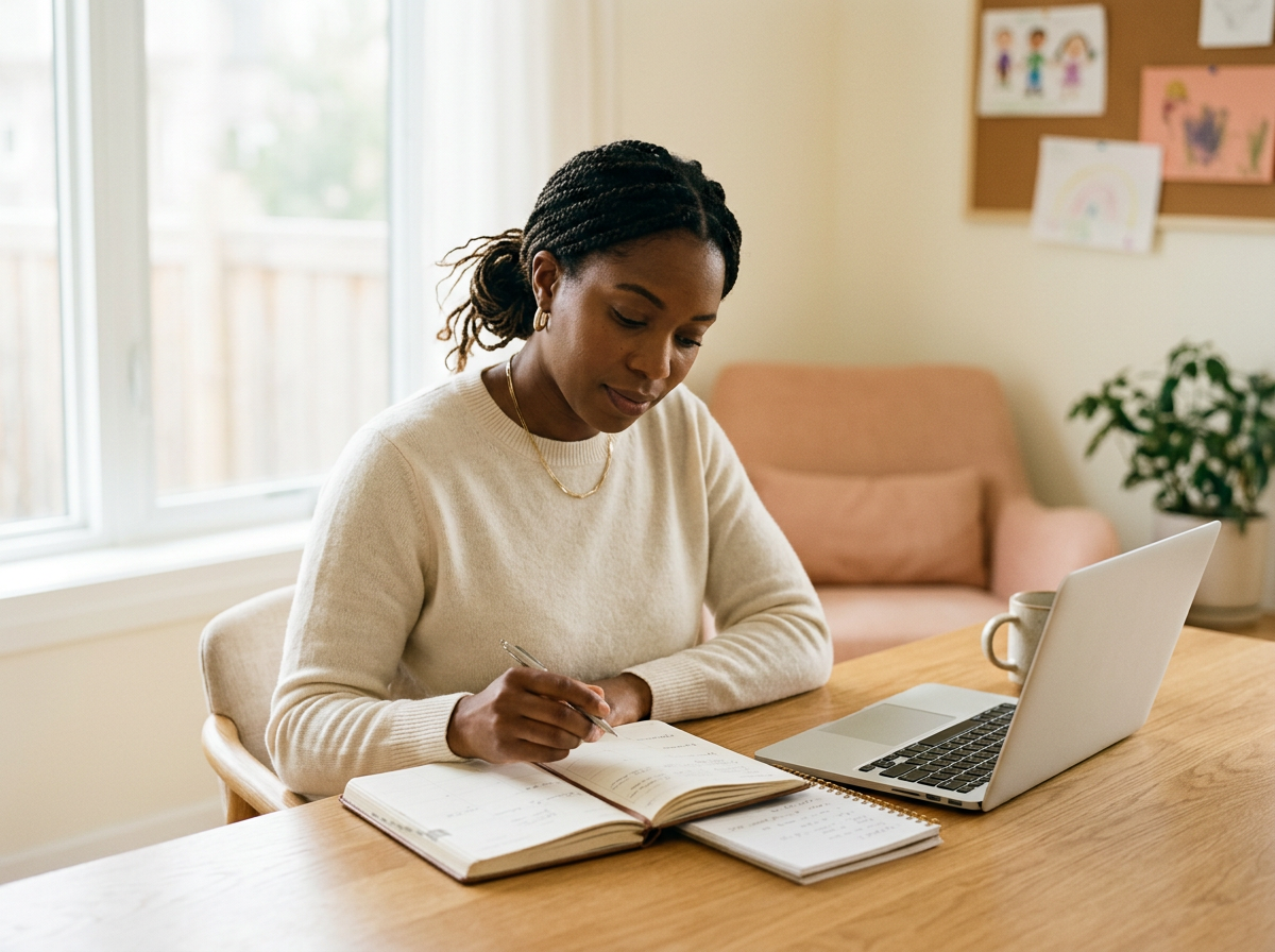 Mom planning and working from home at a table with her laptop and notebook.