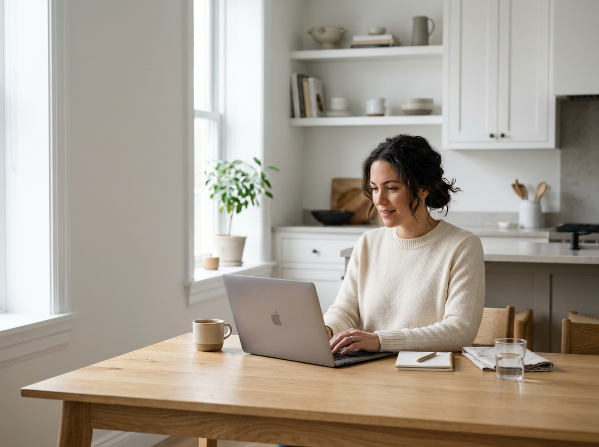Mom working from home at a kitchen table with her laptop, notebook, and coffee.