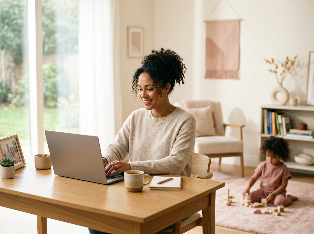 Mom working from home on a laptop while her child plays nearby in the living room