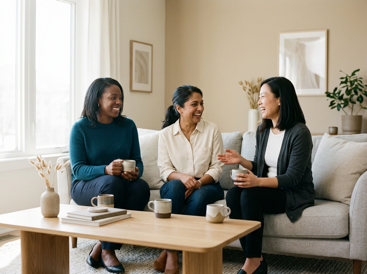 Group of moms connecting and talking together over coffee in a comfortable home setting.