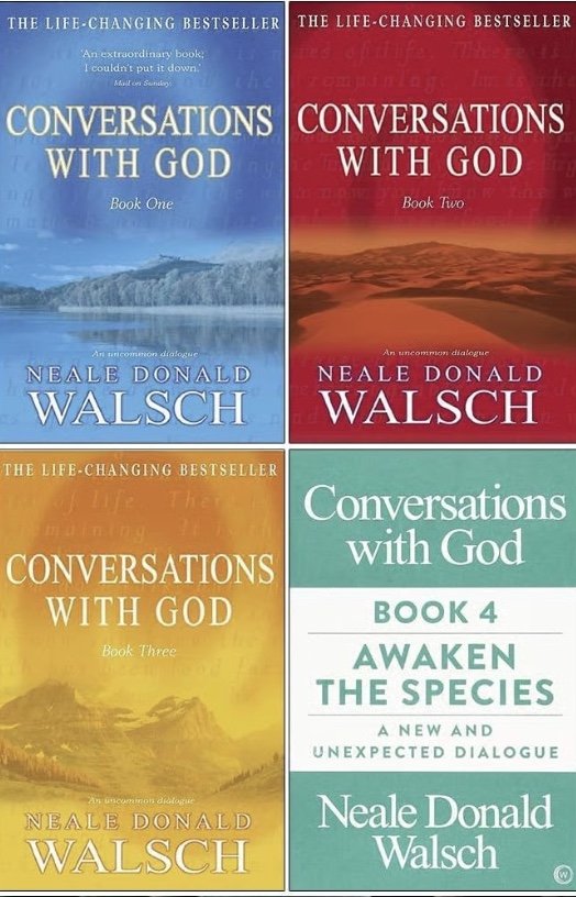 Cover images of four books from the 'Conversations with God' series by Neale Donald Walsch, each with different colors and titles indicating different volumes.