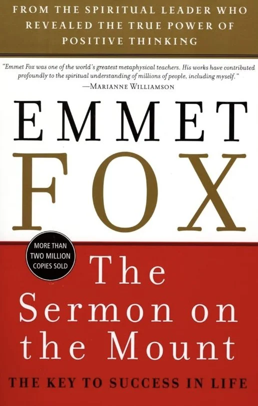 Book cover titled "The Sermon on the Mount" by Emmet Fox, featuring a quote about the true power of positive thinking attributed to Marianne Williamson, with a badge indicating over two million copies sold.