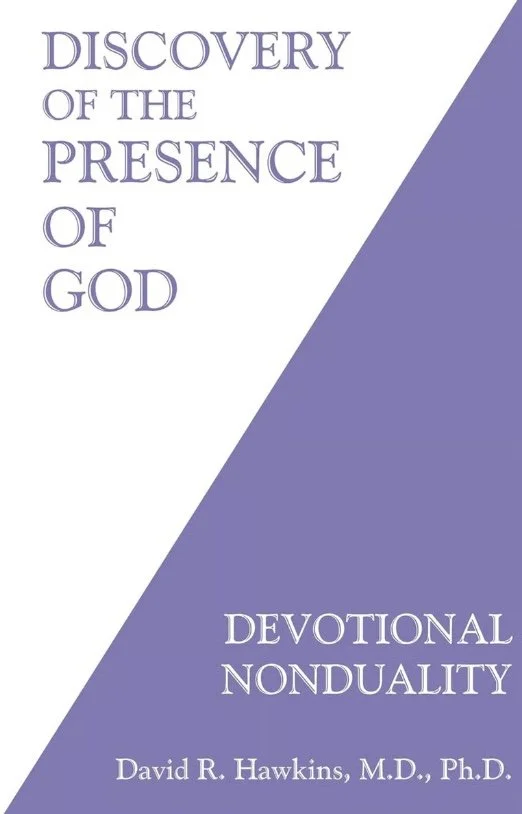 Book cover titled 'Discovery of the Presence of God: Devotional Nondulality' by David R. Hawkins, M.D., Ph.D., with a split purple and white background.