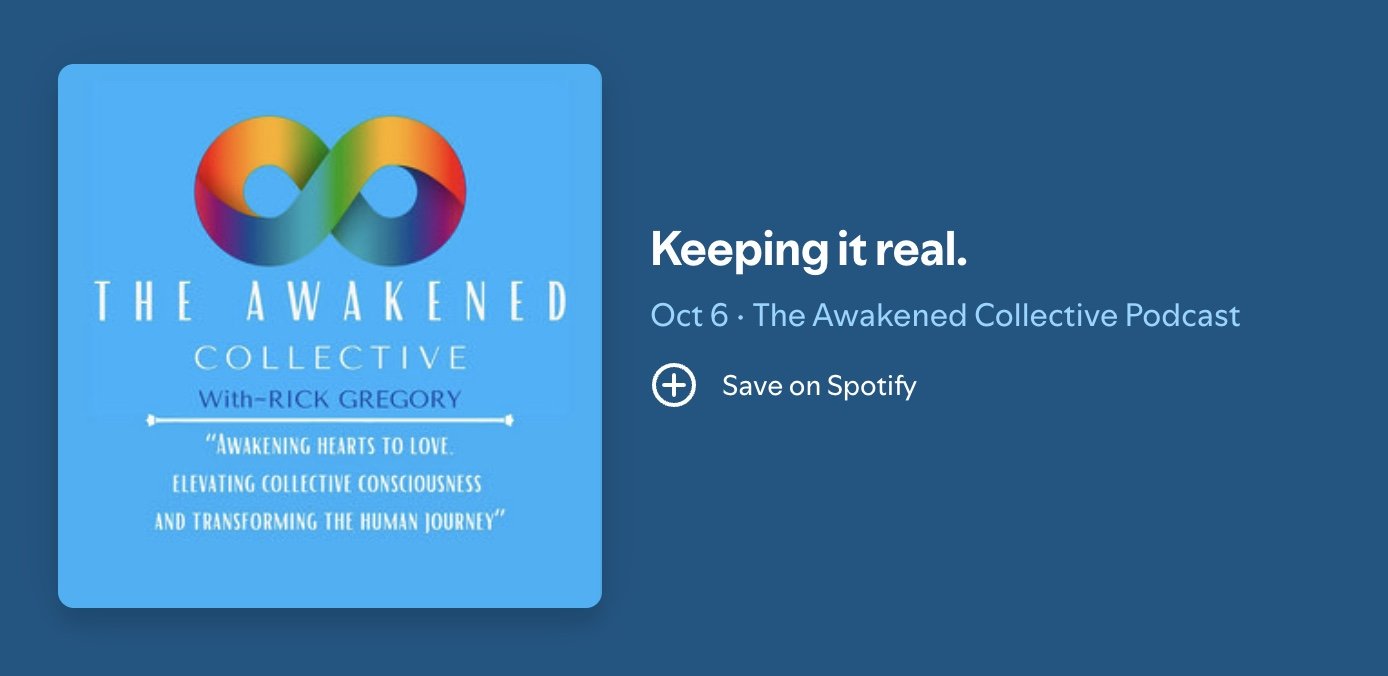 Cover of a podcast titled 'The Awakened Collective' with a rainbow-colored infinity symbol above the title on a blue background.