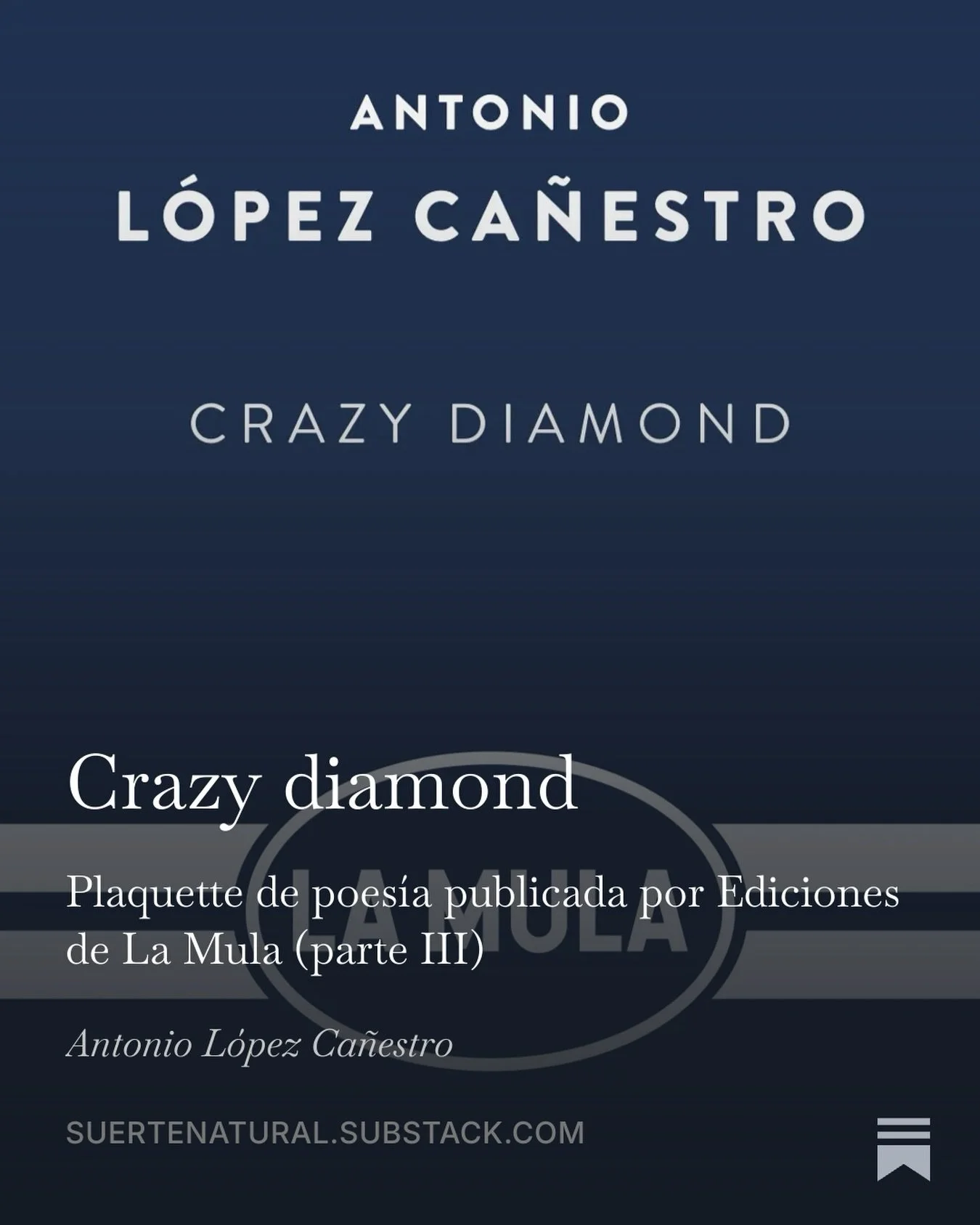 Ya ten&eacute;is disponible en #substack la tercera parte (de 4) de la plaquette #crazydiamond publicada por @edicionesdelamula Pod&eacute;is leerla entrando en el enlace 👉https://suertenatural.substack.com/p/crazy-diamond-a6c?r=8l6sp8&amp;utm_mediu