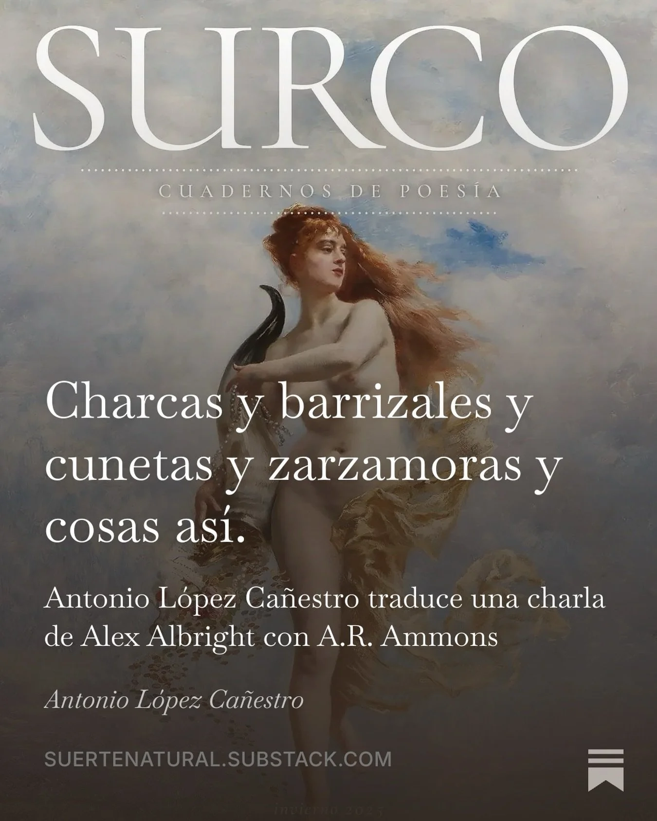 Ya ten&eacute;is disponible en #substack mi traducci&oacute;n de la charla entre Alex Albright y A. R. AMMONS que publicamos en el n&uacute;mero 11 de @surcocuadernosdepoesia 
Pod&eacute;is leerla en este enlace 👉 https://substack.com/@suertenatural