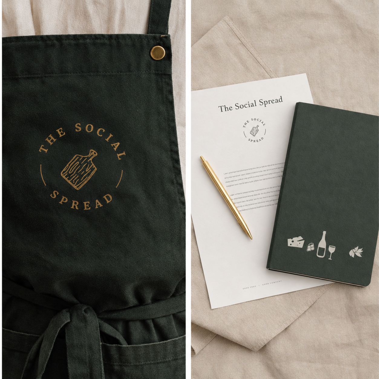 Two images side by side. The left image shows a black apron with a gold logo of a chopping board and the text "The Social Spread." The right image shows a beige tablecloth with a dark green notebook, a white paper titled "The Social Spread," a gold pen, and a beige cloth underneath, with icons including cheese, a bottle, a glass, and a leaf on the notebook.