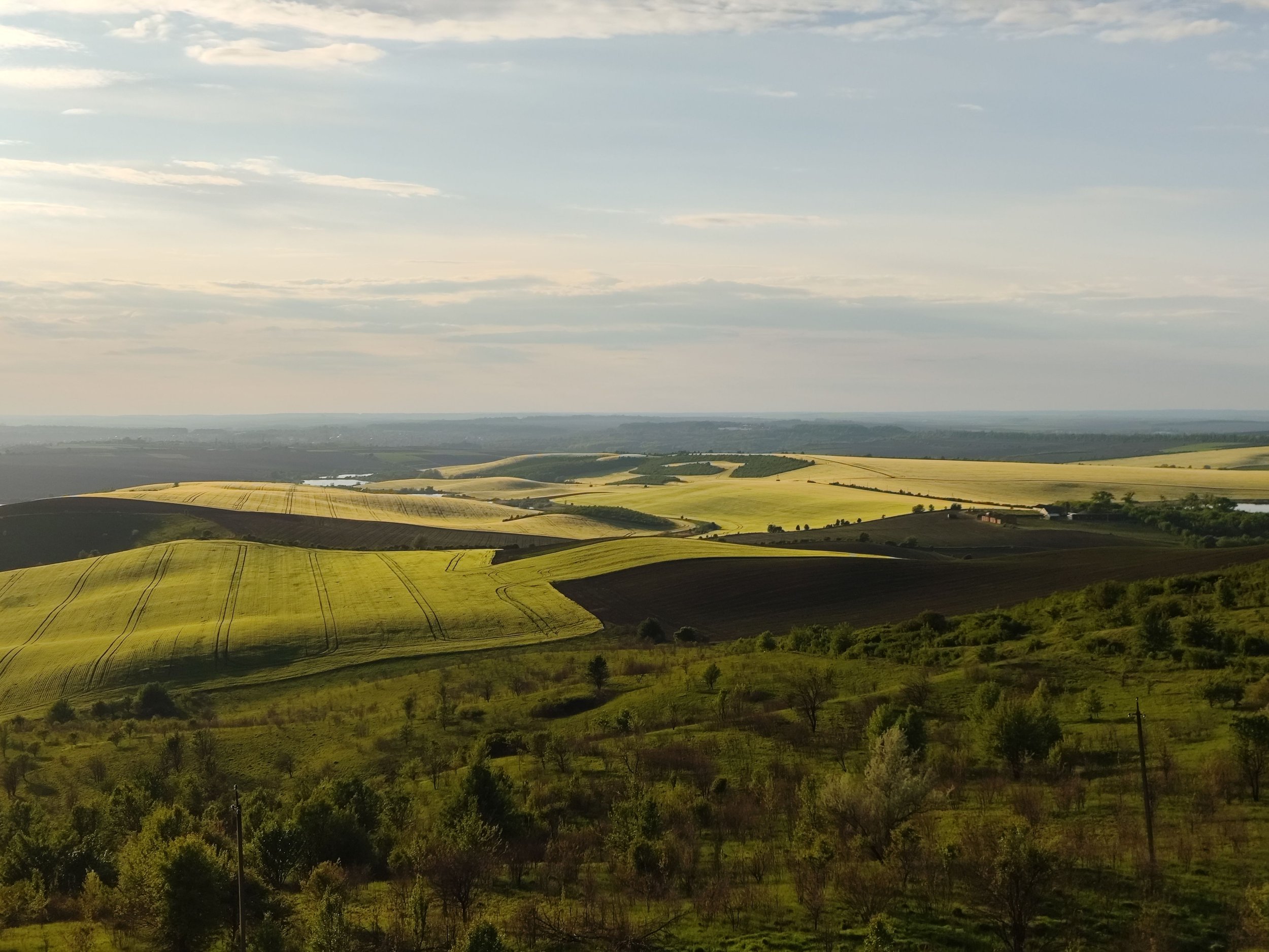A vast landscape of rolling green fields with patches of cultivated land, scattered trees, a river, and a cloudy sky overhead.