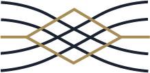 Abstract geometric design with layered black and gold lines and diamond shape in the center.