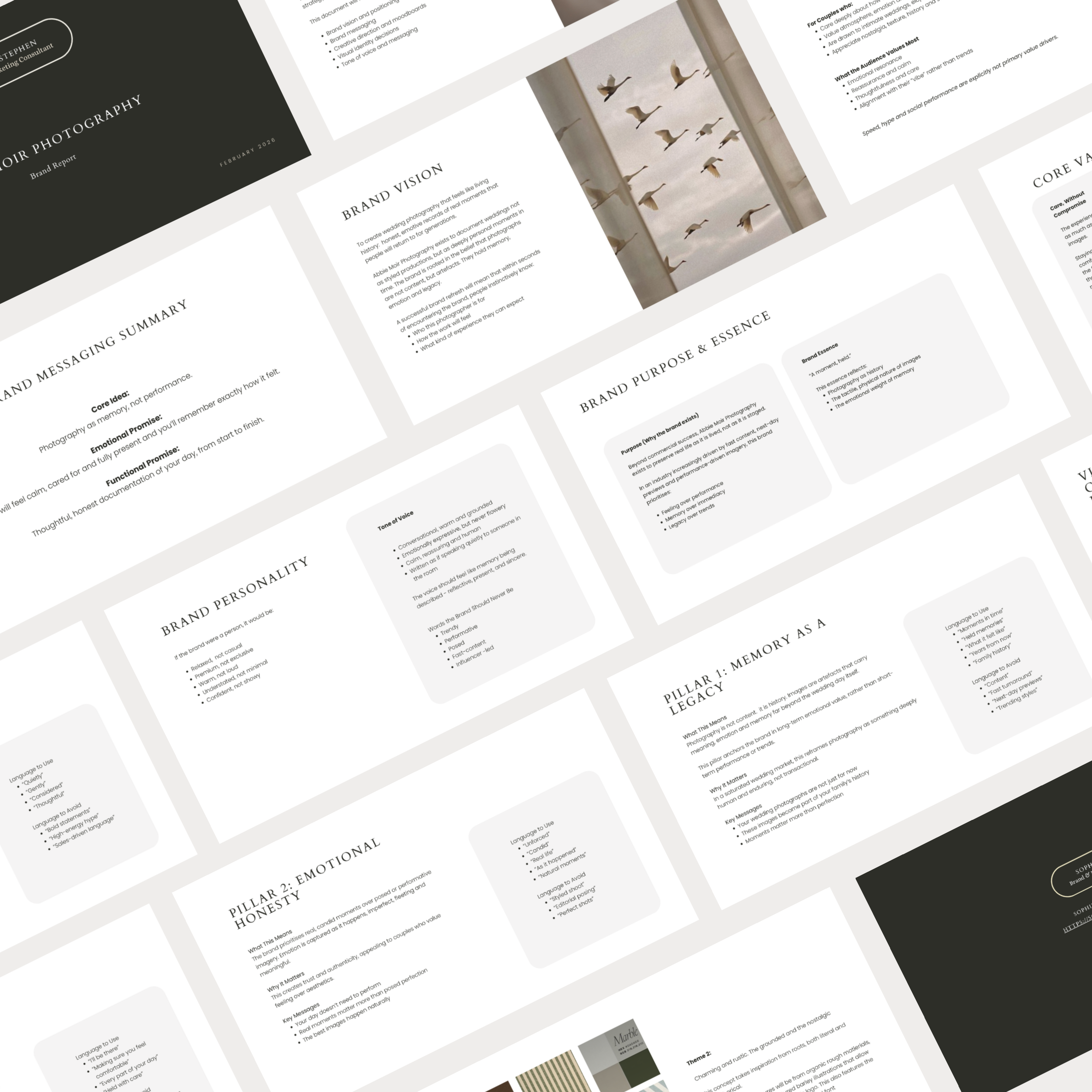 A collection of pages from a branding report with headings, bullet points, and an image of flying birds seen through an open window.