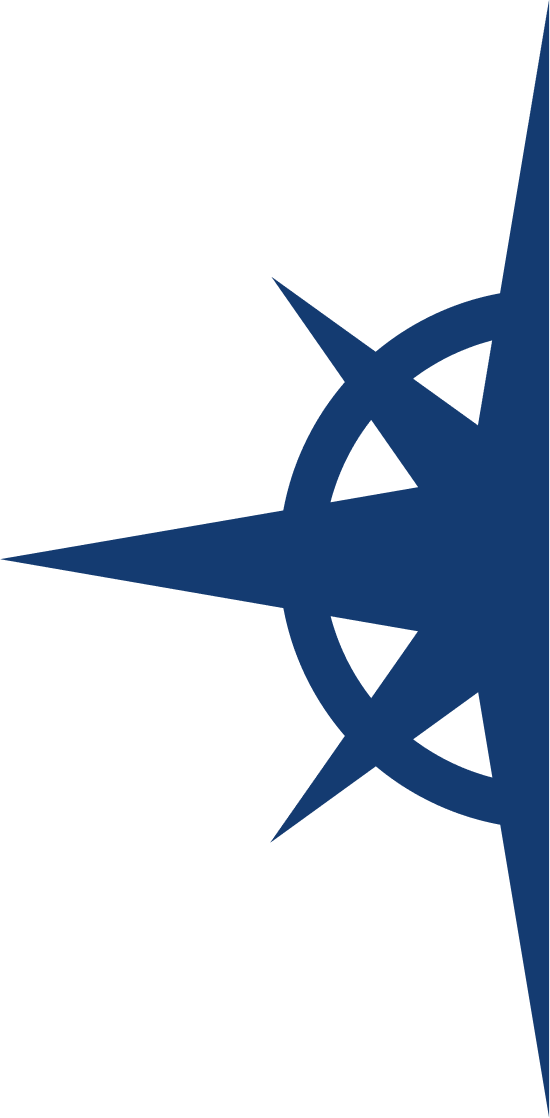 Black and blue stylized compass rose logo with a star and circular elements.