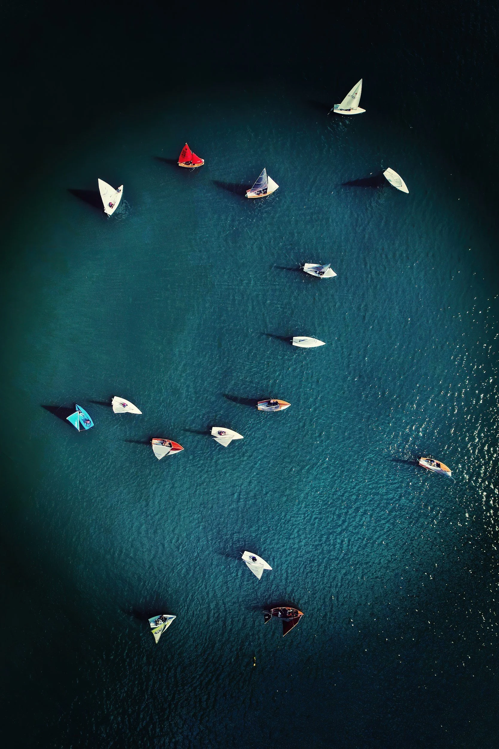 An aerial view of multiple sailboats with colorful sails on dark water.
