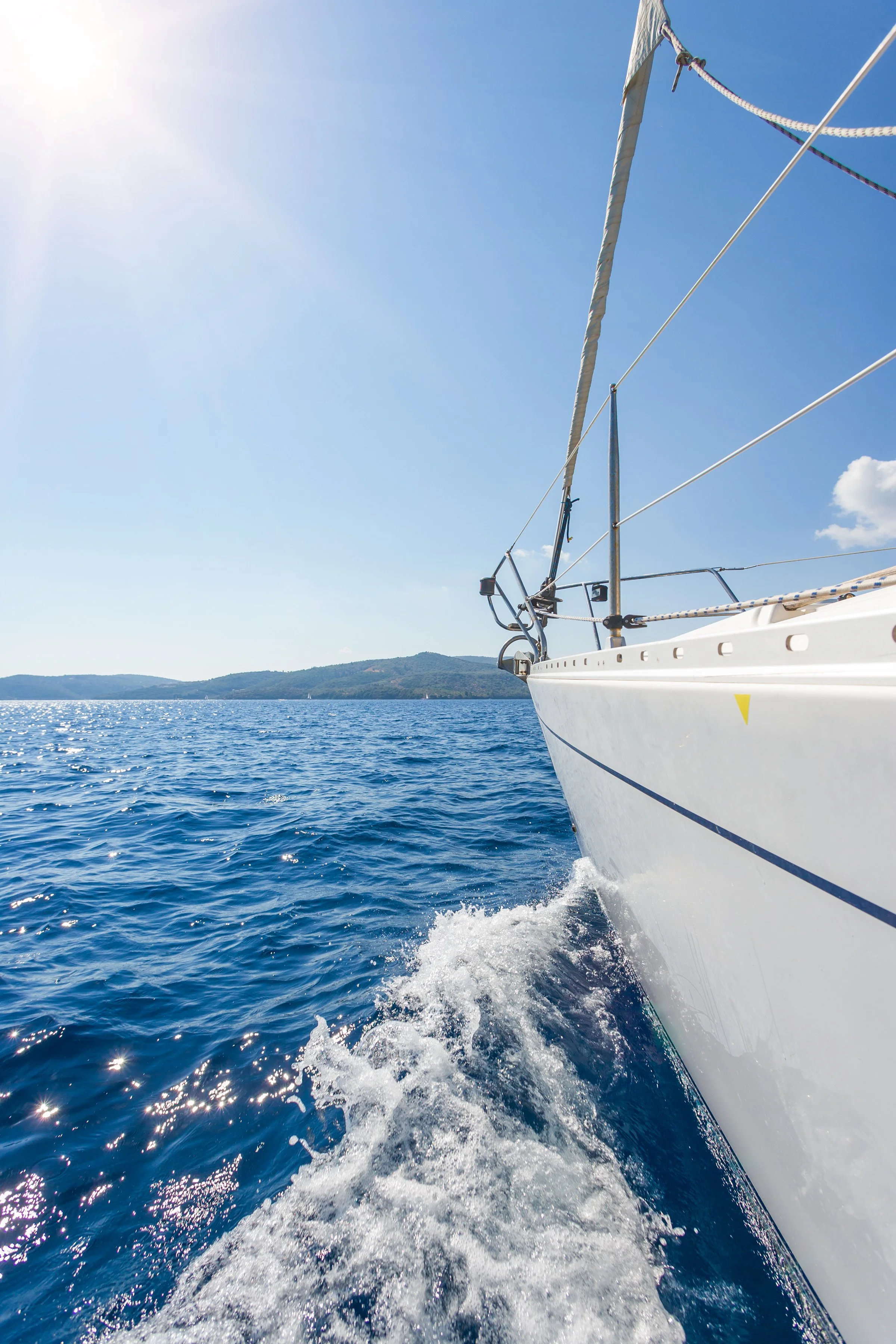 View from a boat speeding through the water, with a clear blue sky and distant land in the background.