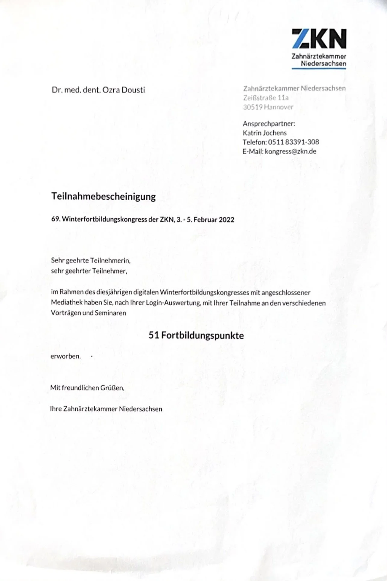 Zertifikat für die Teilnahme am Winterfortbildungskongress der Zahnärztekammer Niedersachsen, Februar 2022.
