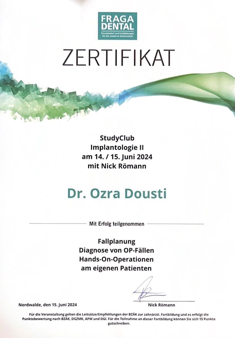 Zertifikat für die Teilnahme an einem StudyClub Implantologie II Kurs am 14. und 15. Juni 2024 mit Dr. Ozra Dousti und Nick Römann.
