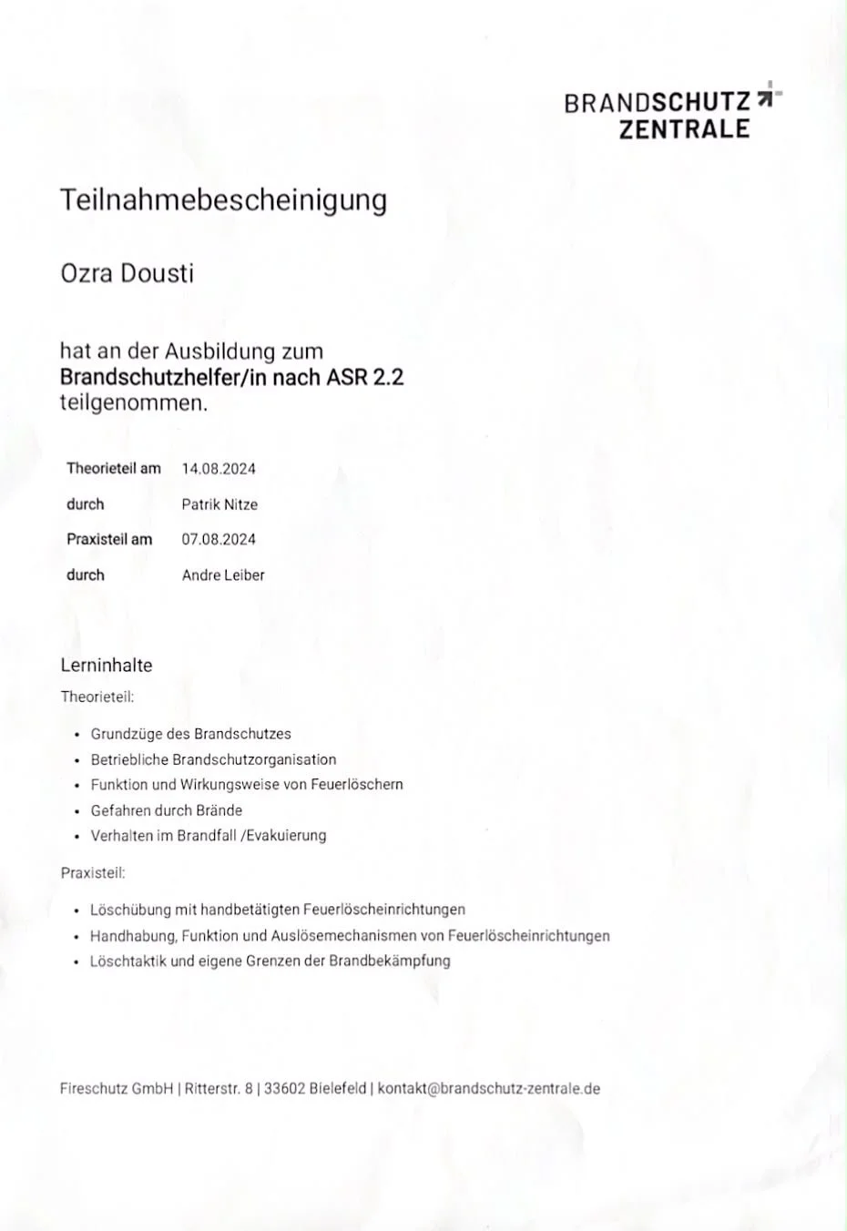 Teilnahmebestätigung für Brandschutzhelfer/in nach ASR 2.2, ausgestellt an Ozra Dousti, mit Kursdaten und Verantwortlichen, Firmenkontakt, und Lerninhalte in Deutsch.