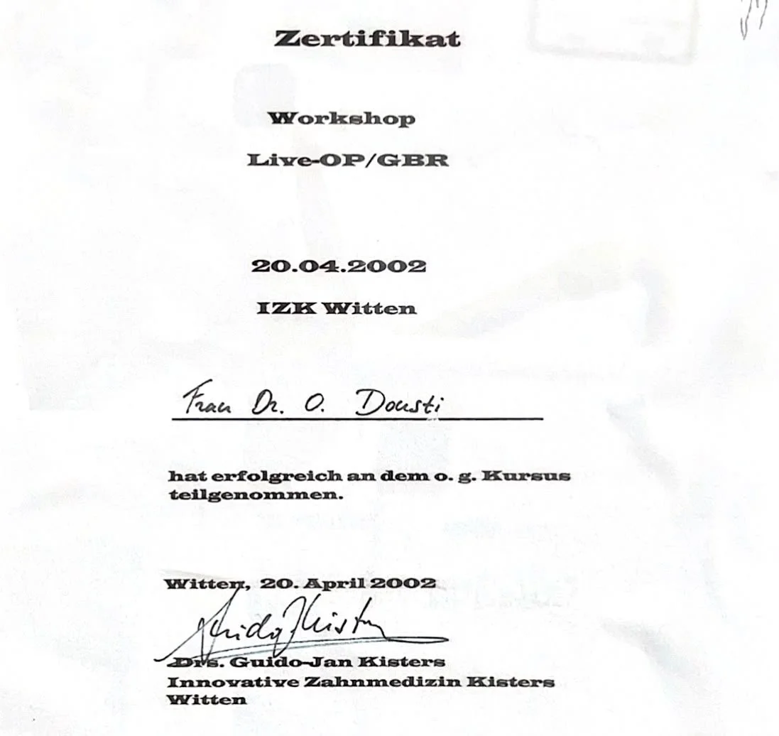 Zertifikat für die erfolgreiche Teilnahme an einem Live-OP/GBR Workshop am 20.04.2002 in Witten, unterschrieben von Dr. Guido-Jan Kisters.