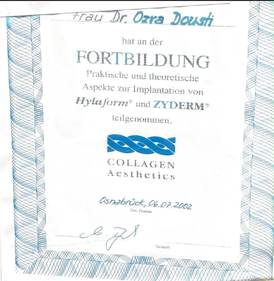 Zertifikat, das eine Fortbildung in praktischen und theoretischen Aspekten der Implantation von Hylaform und Zyderm, einschließlich Collagen und Ästhetik, bestätigt. Es ist datiert auf den 6. Juli 2002, in Osnabrück, unterschrieben