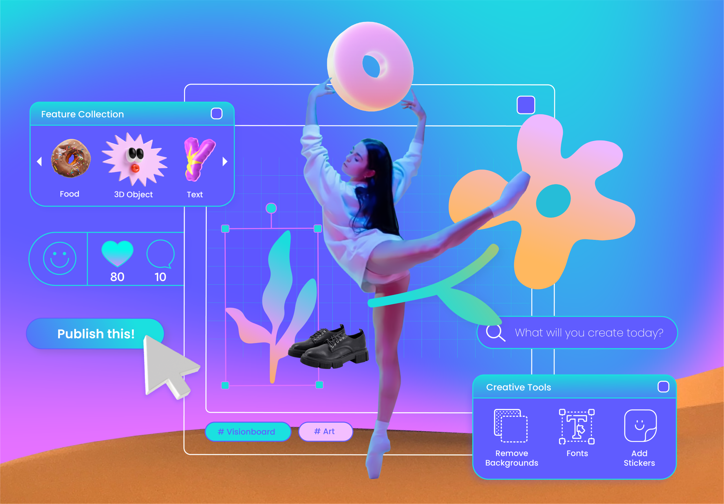 Girl dancing among digital objects