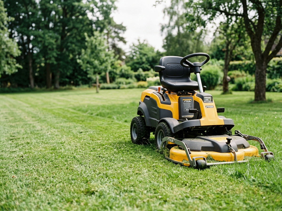 Yellow riding lawn mower on a freshly mowed grassy lawn in a park or garden with trees and greenery in the background.