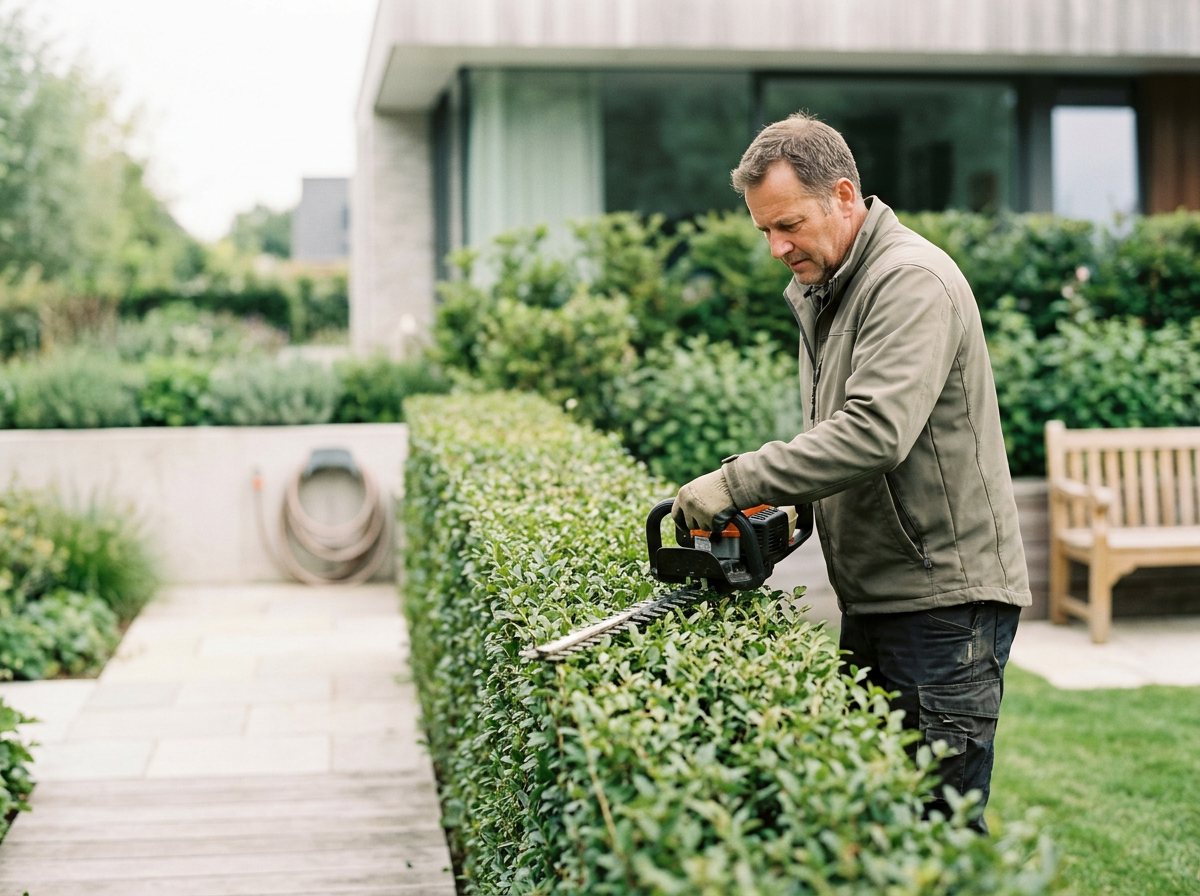 A man trimming a hedge with electric hedge trimmers outdoors in a modern backyard.