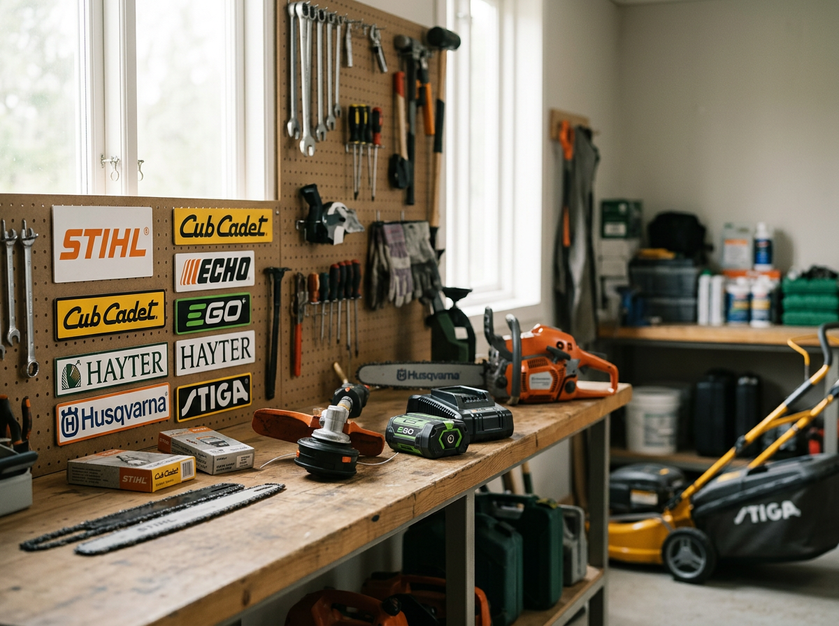 Workstation with tools, power equipment, and supplies in a garage or workshop.