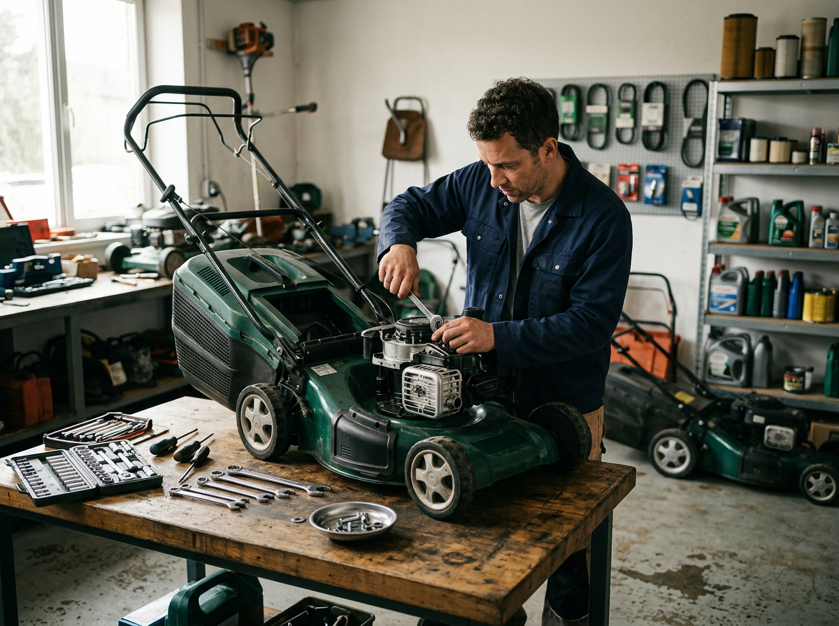 Man repairing a lawn mower in a workshop with tools on a wooden workbench and shelves with supplies in the background.