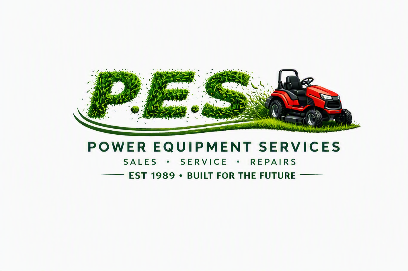 Logo for P.E.S. Power Equipment Services featuring green leafy letters and a red riding lawn mower, with text about sales, service, repairs, established in 1989, and built for the future.