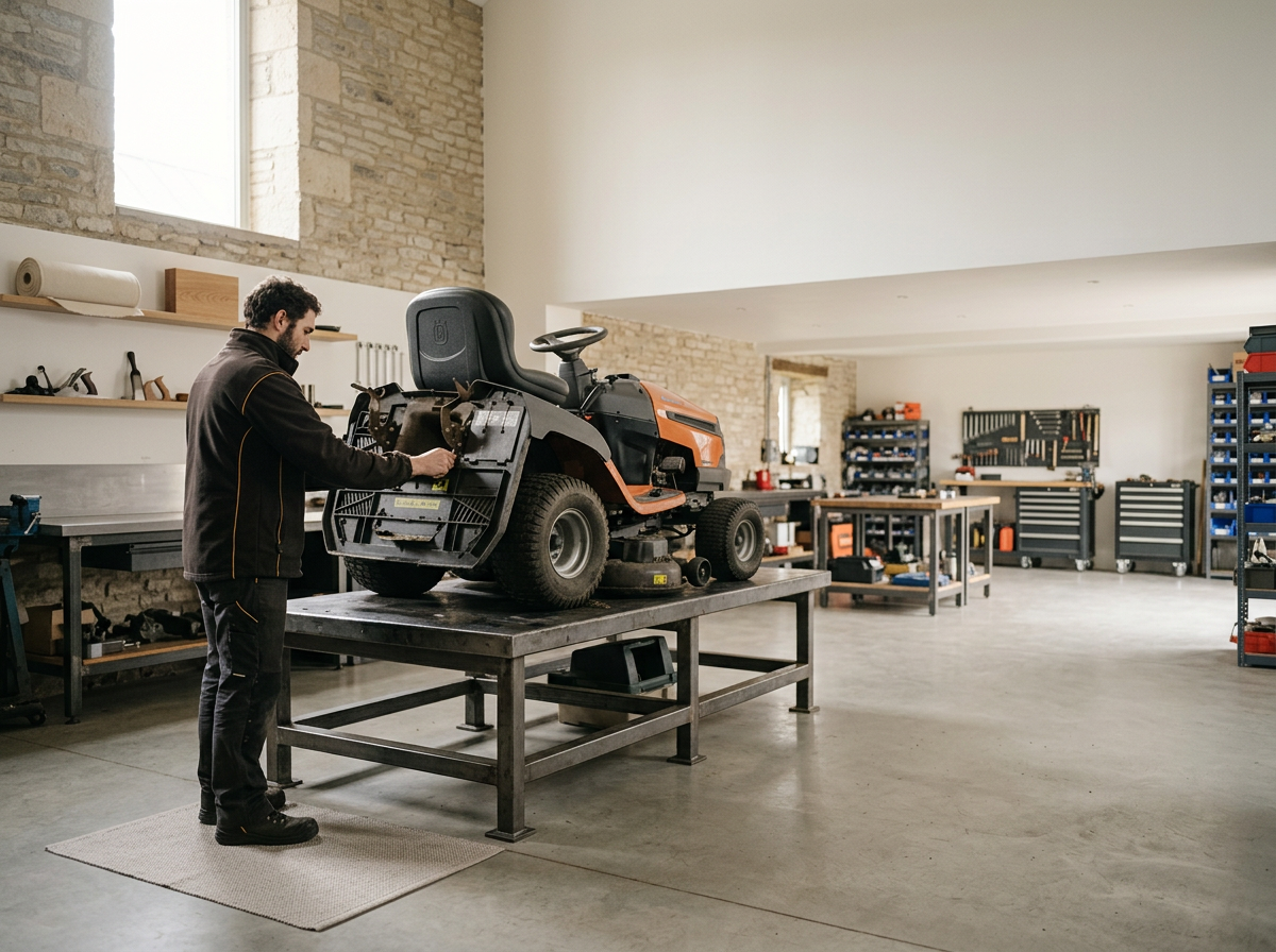 A man working on a riding lawn mower in a spacious, well-lit workshop with tools and storage shelves.