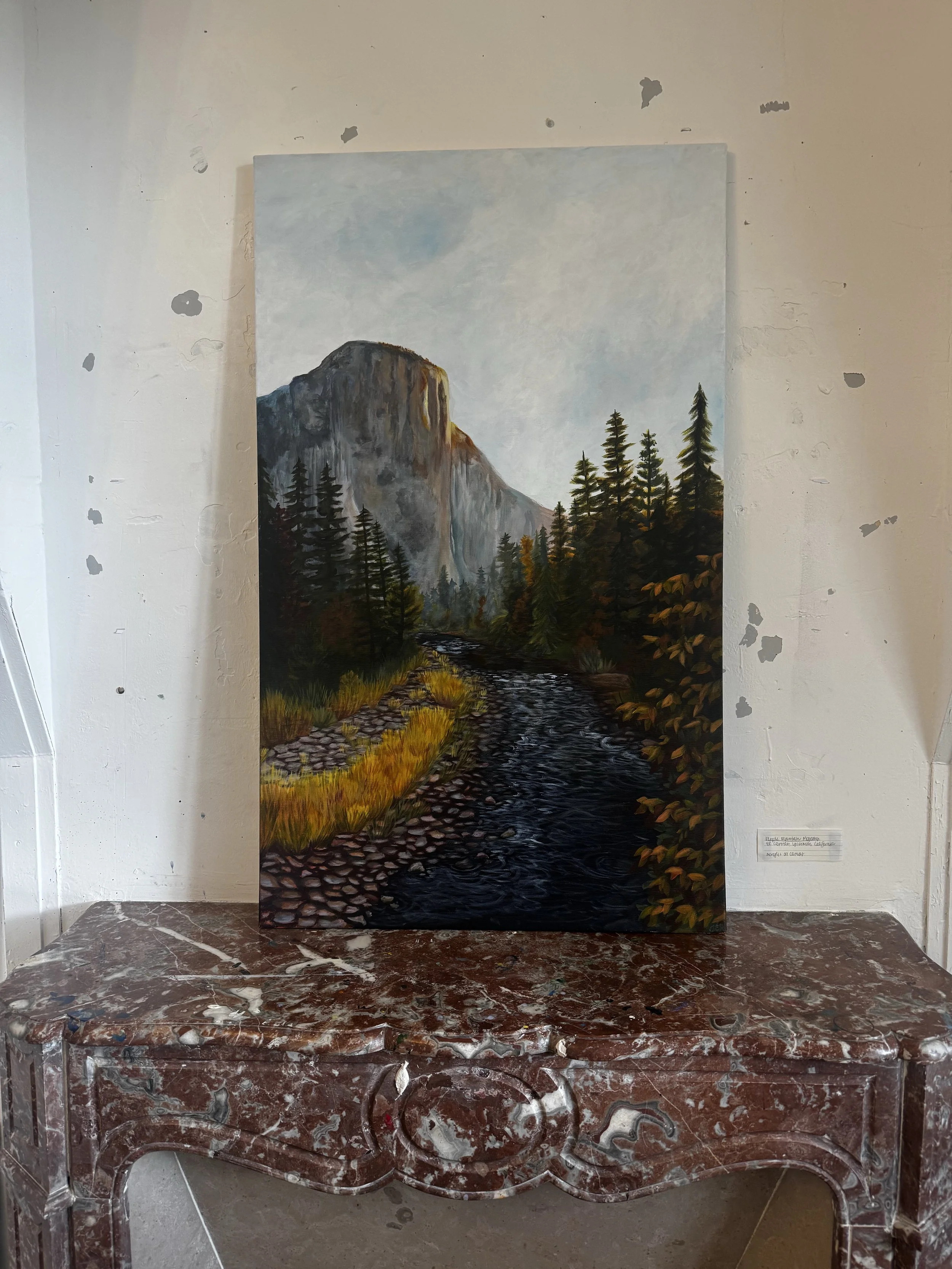 Original painting of Yosemite in Autumn. I titled this piece, “Mountains Majesty,” inspired by the song, “America the Beautiful.” This piece and the song that inspired it, are both a call to treasure our public lands.  