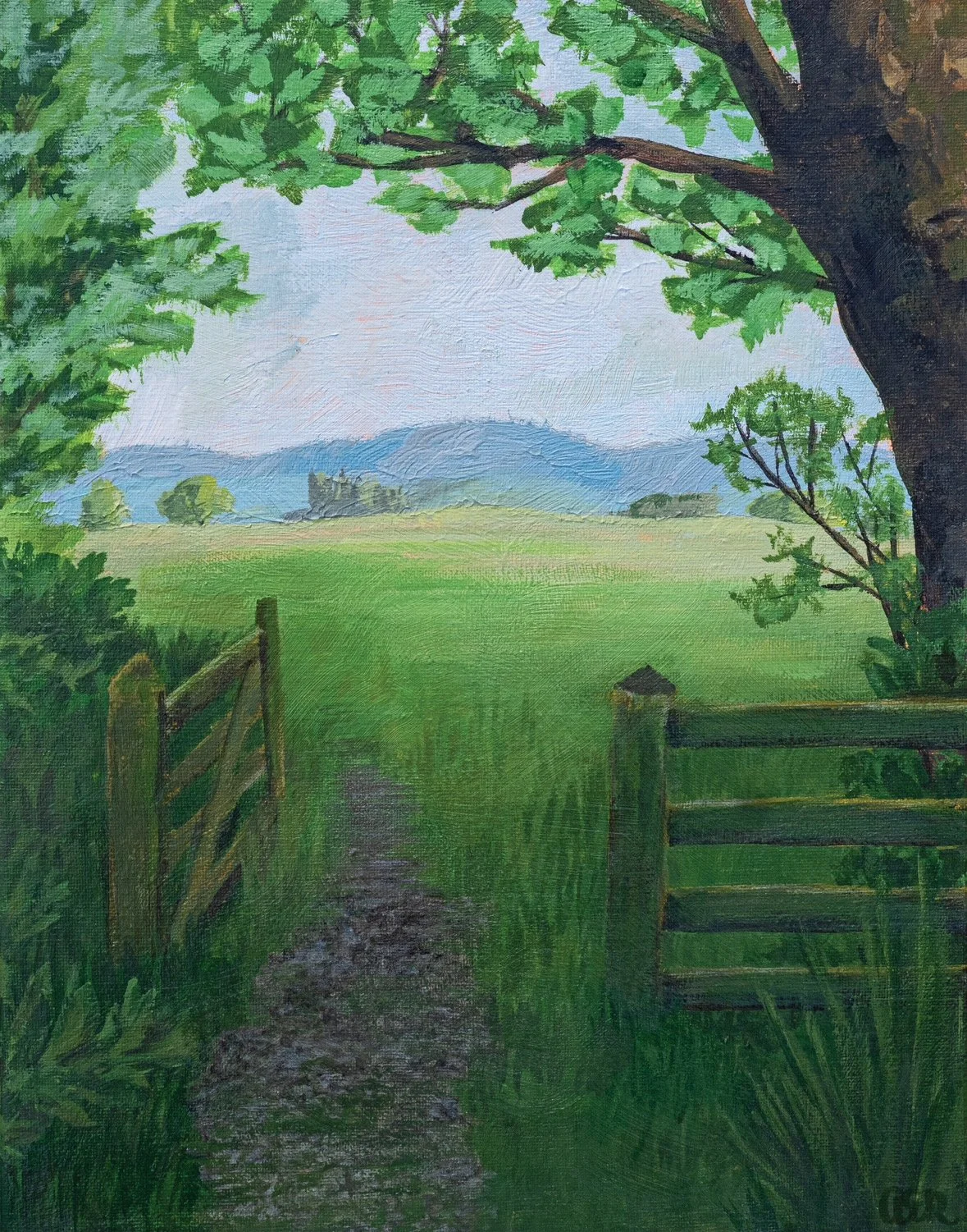 Painting of a beautiful old gate in Denbighshire, Wales. I came across a photo of this spot, and found the view through the gate so inviting, I just had to paint it.