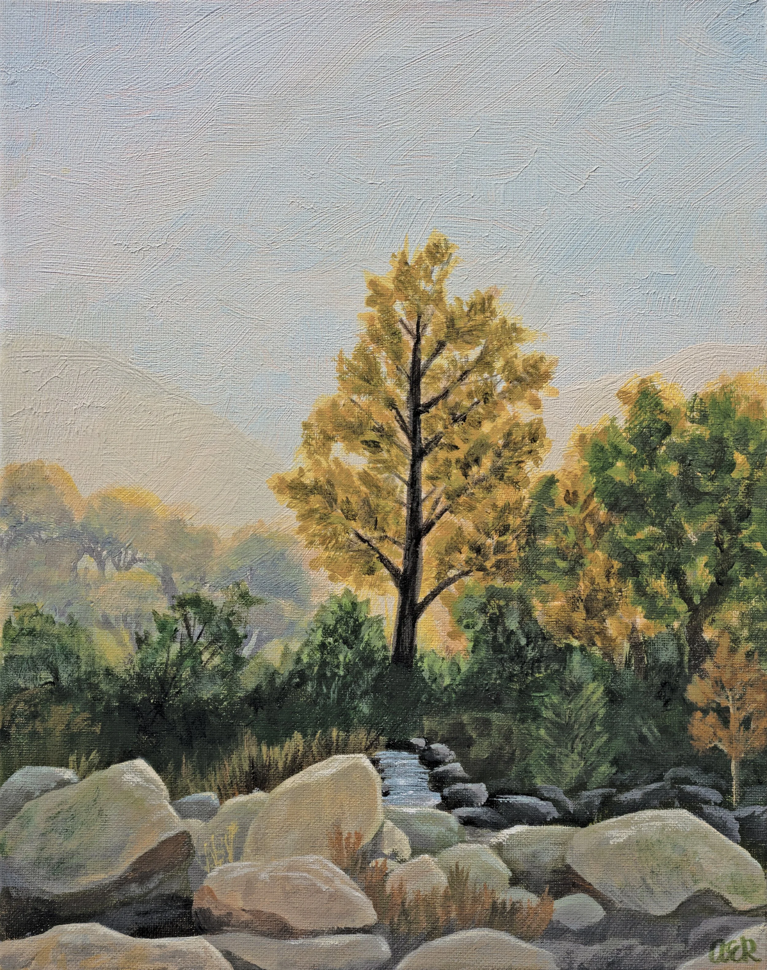 Golden light through the trees. This was another photo I came across from Bizkaia, Spain, that I immediately picked up my brushes to paint. Light, filtering through leaves and dancing on water, is one of my favorite visual elements to paint.