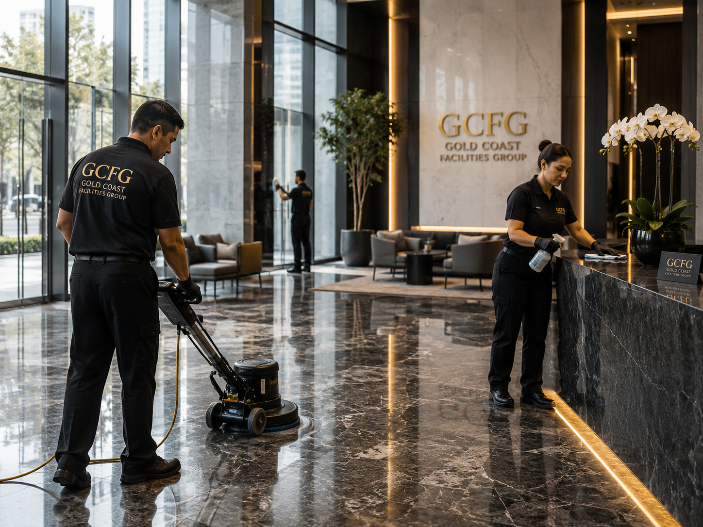 Hotel lobby reception area with cleaning staff disinfecting the front desk, two employees wearing black uniforms with 'GCFG GOLD COAST FACILITIES GROUP' logo, marble floors and walls, glass doors and windows, and modern furniture.