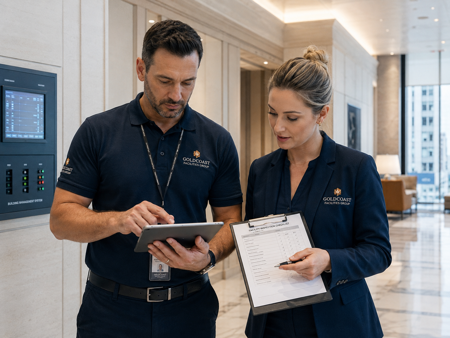 Two employees from Gold Coast Facilities Group reviewing a tablet and a facility inspection checklist in a modern office lobby.