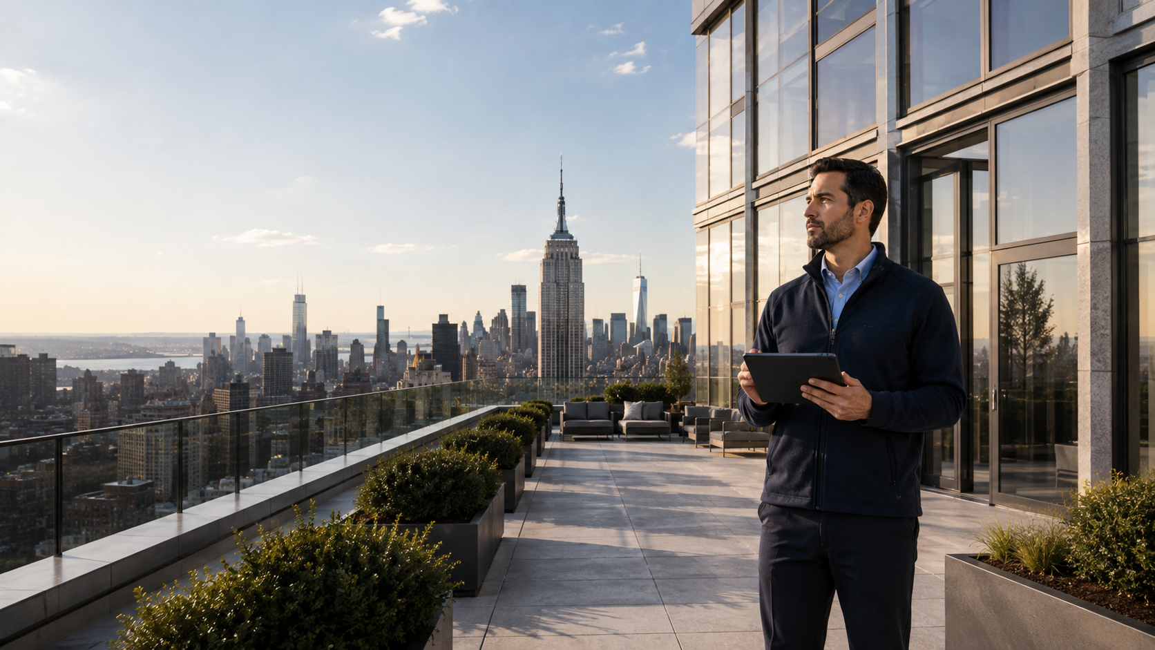 A man standing on a rooftop terrace in New York City, holding a tablet, with the Empire State Building and city skyline in the background during sunset.
