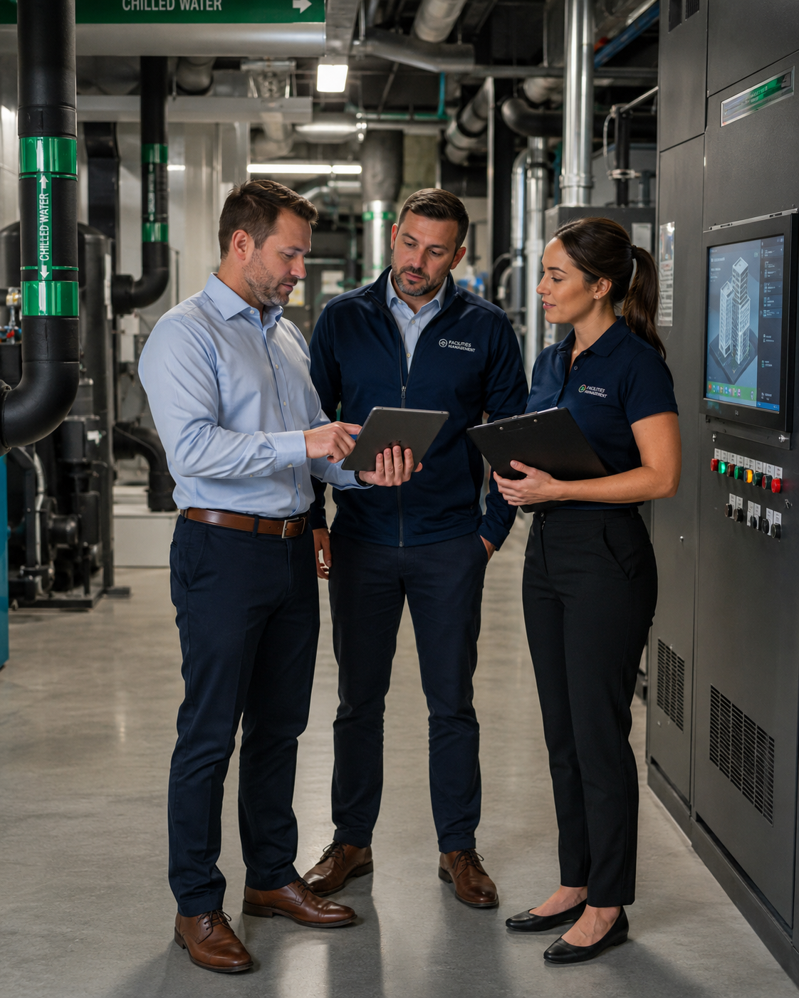 Three professionals in business attire working together in an industrial facility, examining data on a tablet and clipboard beside machinery and piping.