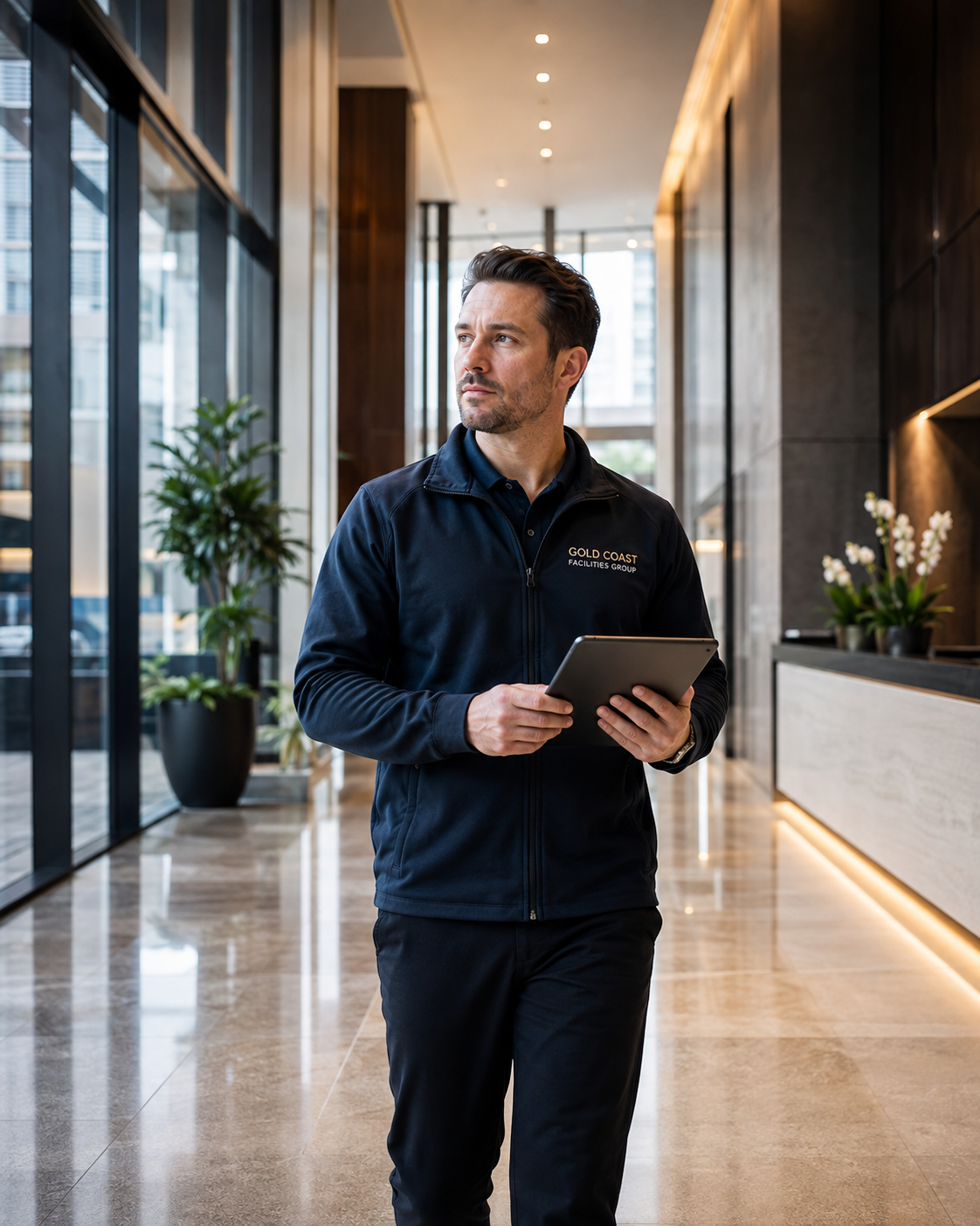 A man holding a tablet in a modern hotel lobby, wearing a black jacket with the words "Gold Coast Facilities Group" on it.