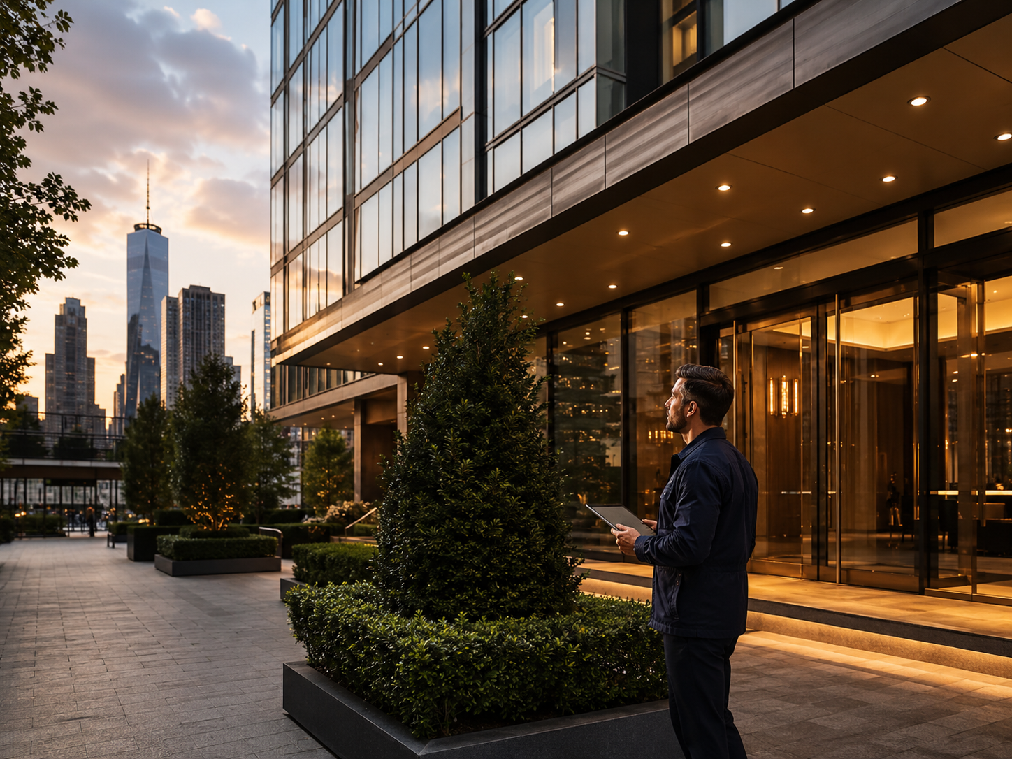 A man in a dark jacket holding a tablet stands outside a modern glass building with city skyscrapers in the background during sunset.