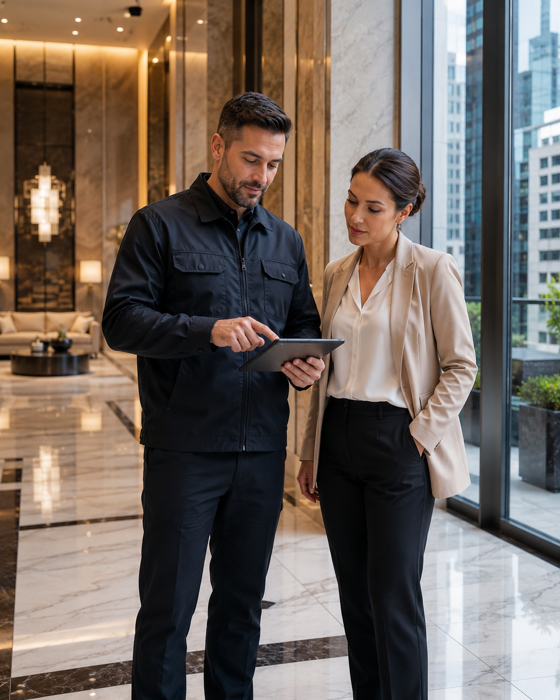 A man and woman having a discussion while looking at a tablet in a modern, upscale lobby with large windows and cityscape view.
