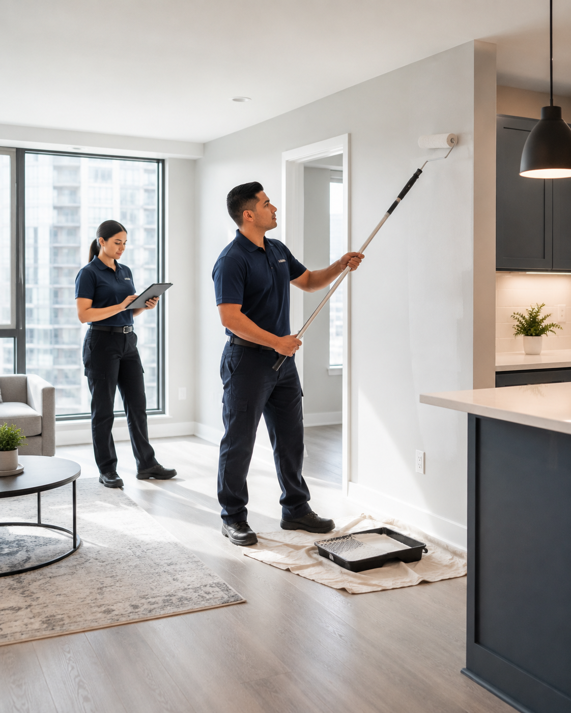 Two professionals painting a wall in a modern apartment, one using a roller with an extension pole and the other taking notes on a tablet.