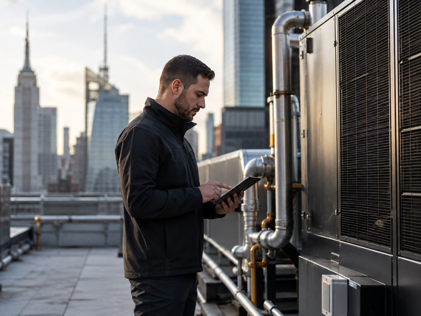 A man in a black jacket inspecting equipment on a rooftop using a tablet, with a city skyline in the background.
