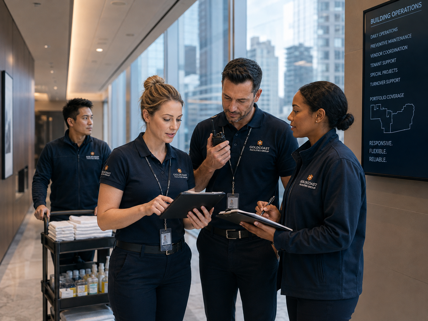 Four facility staff members in matching navy uniforms, two women and two men, discussing plans in a modern office corridor. One woman and one man are looking at tablets, while the other woman writes in a notebook. A cart with cleaning supplies is in the background, and a large digital screen displays building operations information.