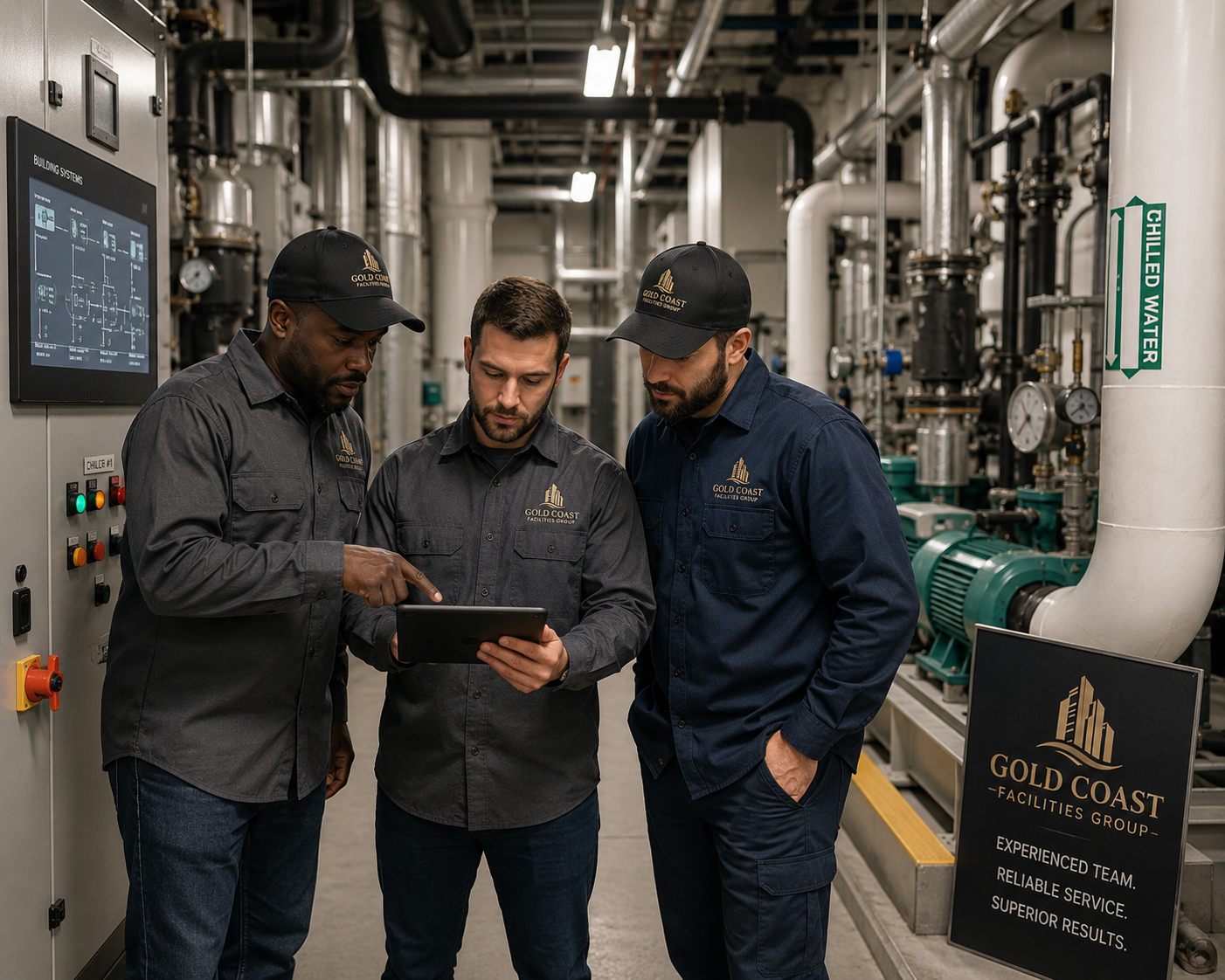 Three technicians in uniform examining a tablet in an industrial mechanical room with pipes, gauges, and a sign indicating channeled water.