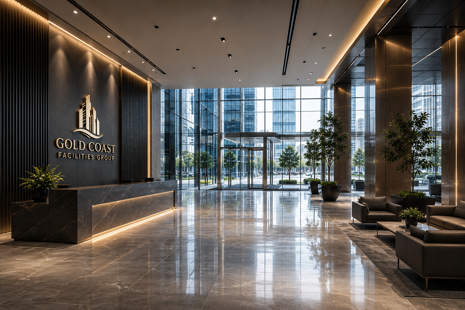 Modern corporate lobby with a marble reception desk, a Gold Coast Facilities Group sign on the wall, black leather sofas, and large windows with trees outside.