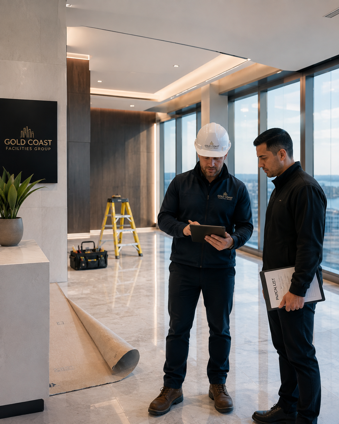Two men in construction attire inspecting documents in a modern office lobby with large windows, a potted plant, a ladder, and construction tools in the background.