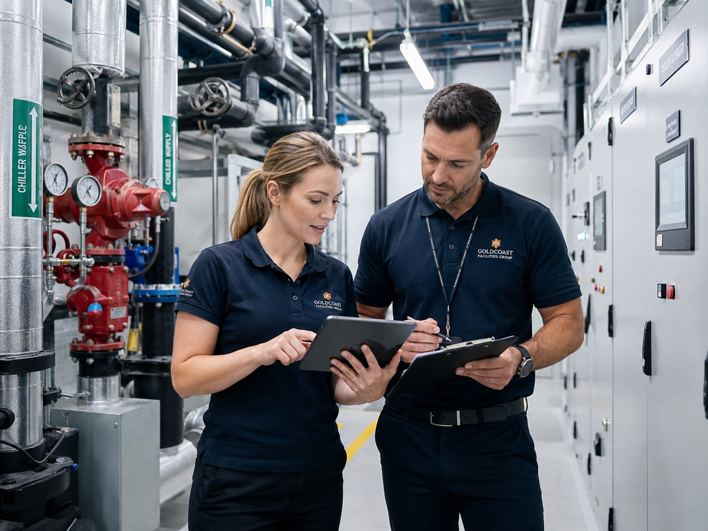 Two facility workers, a man and a woman, inspecting and discussing documents in an industrial plant with pipes, gauges, and control panels.