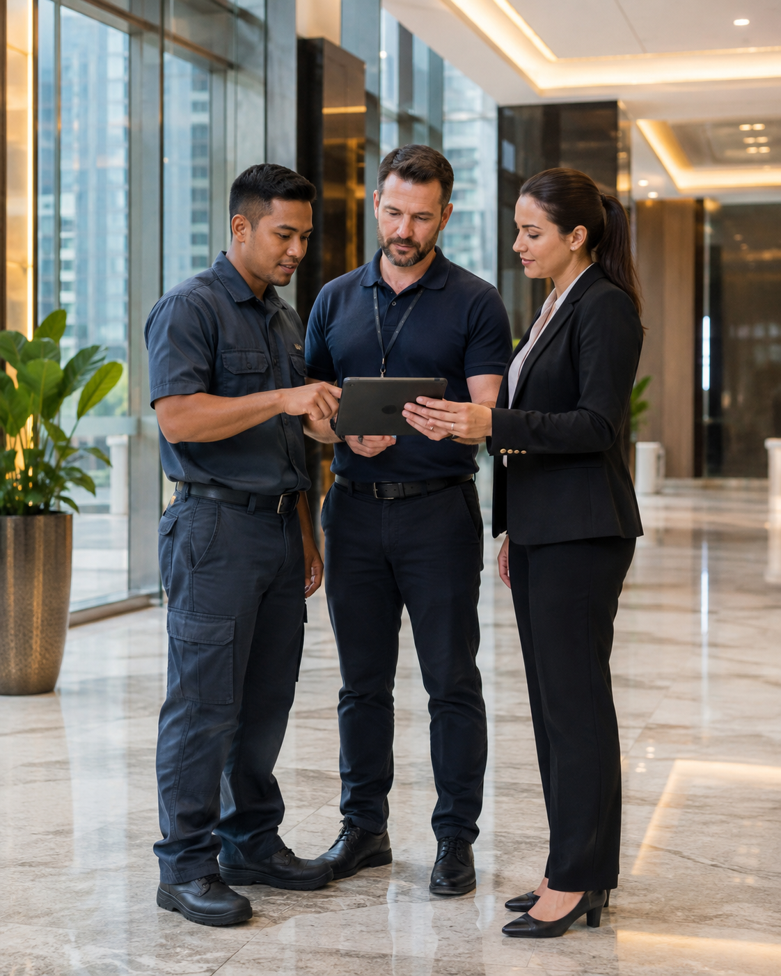 Three professionals, two men and one woman, standing in a modern office lobby looking at a tablet.