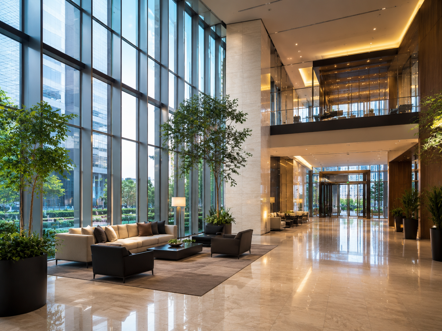 Modern hotel lobby with large floor-to-ceiling windows, beige marble floors, comfortable seating area with beige sofa and black armchairs, potted plants, and a second-story balcony overlooking the lobby.
