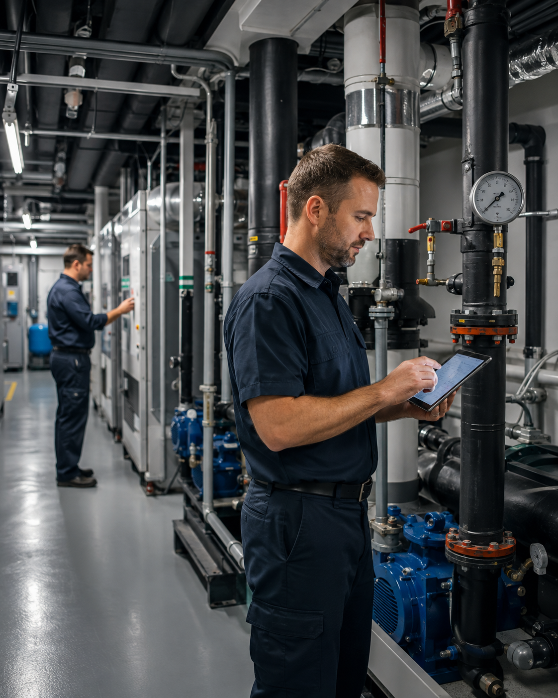 Two male technicians in navy uniforms working with control panels and equipment in an industrial facility or data center.