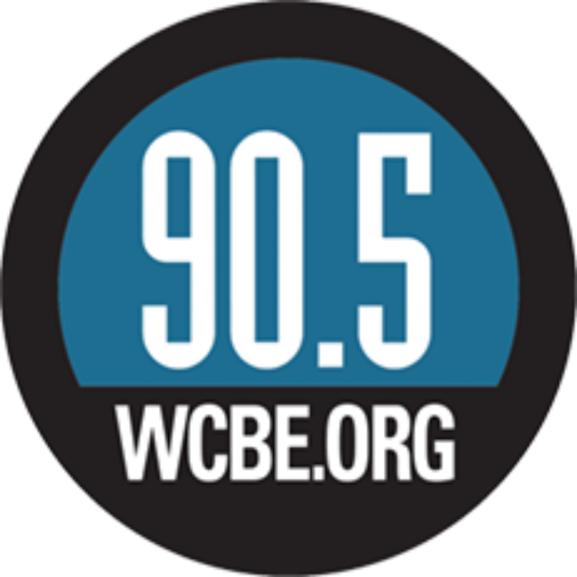 Close-up of a blue circular logo with an outline in black with the words '90.5' and 'WCBE.ORG' in white inside the circle.